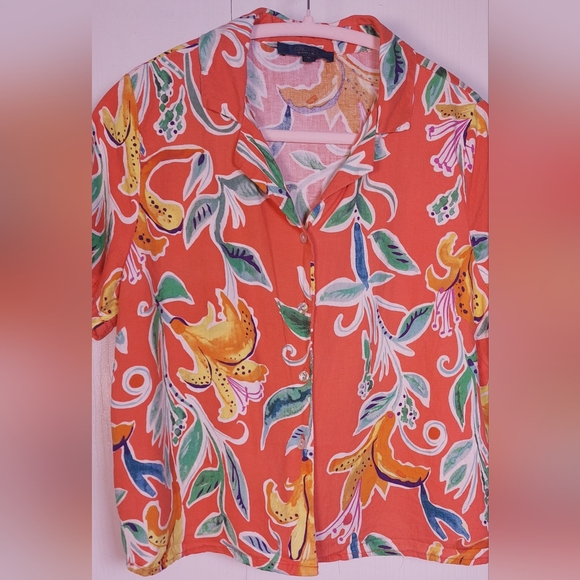 Rachel Roy Colorful Linen Blend Cropped Button Front Blouse Size Medium Tropical - Picture 3 of 10